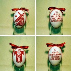 Kreuzwegstationen, Kreuzstich Ostereier, Handarbeit gestickt  religiöse Motive  12cm, rot weiß, Osterdeko