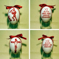 Kreuzwegstationen, Kreuzstich Ostereier, Handarbeit gestickt  religiöse Motive  12cm, rot weiß, Osterdeko