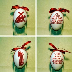 Kreuzwegstationen, Kreuzstich Ostereier, Handarbeit gestickt  religiöse Motive  12cm, rot weiß, Osterdeko