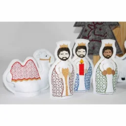 Krippenfiguren Heilige Familie Weihnachtsdeko X-Mas bestickte LED-Teelichtcover weißer Filz weihnachtliche Dekoration