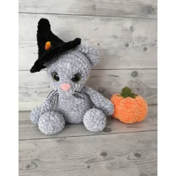 Kätzchen mit Hexenhut und Kürbis (25 cm)