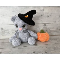Kätzchen mit Hexenhut und Kürbis (25 cm)