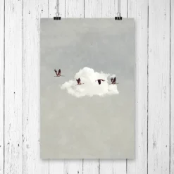 Kunstdruck Druck Print "Glücksvögel", Kraniche vor weißer Wolke, blau grau weiß, Glücksgeschenk