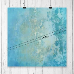 Kunstdruck "In Love", verliebtes Vogelpaar auf der Stromleitung, Blau Eisblau Marmoriert, für Verliebte, Hochzei