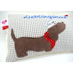 Kuschelkissen  Hund Dackel Teckel Ahoi  Wunschnamen Taufkissen Geburtskissen - Schmusekissen Kissen mit Namen