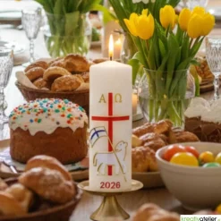 Lamm der Hoffnung – Handverzierte christliche Osterkerze mit Christuslamm, Kreuz & Alpha/Omega, Echtwachskunst