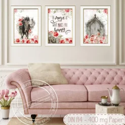 Landhaus Stil Poster Set | Do more of what makes you happy | Romantik Rosen Pferd Einhorn Bilder [A4]