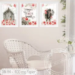 Landhaus Stil Poster Set | Do more of what makes you happy | Romantik Rosen Pferd Einhorn Bilder [A4]