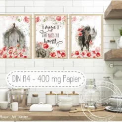 Landhaus Stil Poster Set | Do more of what makes you happy | Romantik Rosen Pferd Einhorn Bilder [A4]