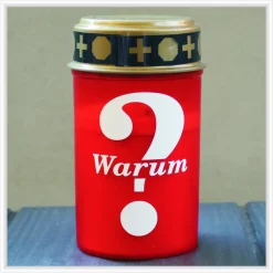 LED Grablicht "Warum?" in rot oder weiß inklusive Batterien - elektrisches Grablicht mit Beschriftung