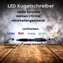 LED Kugelschreiber mit beleuchteter Lasergravur, Touchpen & blauer Mine, Fußballstadien – personalisierbar