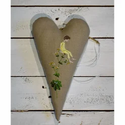 Leinen Herz, beige, Stickerei Wiesenkräuter