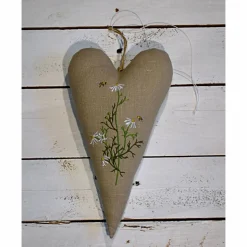 Leinen Herz, beige, Stickerei Wiesenkräuter