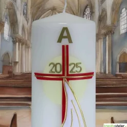 Licht der Auferstehung – Handgefertigte Osterkerze mit Kreuz, Segelschiff, Sonne, Alpha & Omega