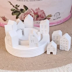 Lichterkranz Teelichthalter Häuserkranz | weiße Raysin Deko Lichthäuser | Kerzenteller | Lichterstadt Geschenkidee mini