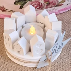 Lichterkranz Teelichthalter Häuserkranz | weiße Raysin Deko Lichthäuser | Kerzenteller | Lichterstadt Geschenkidee mini
