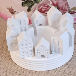 Lichterkranz Teelichthalter Häuserkranz | weiße Raysin Deko Lichthäuser | Kerzenteller | Lichterstadt Geschenkidee mini