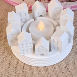 Lichterkranz Teelichthalter Häuserkranz | weiße Raysin Deko Lichthäuser | Kerzenteller | Lichterstadt Geschenkidee mini