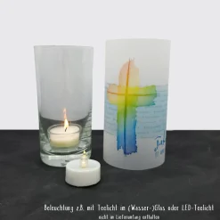 Lichthülle Aquarell-Kreuz für Konfirmation, Kommunion & Firmung – Personalisierbare Deko aus Transparentpapier