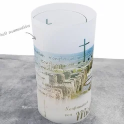 Lichthülle Konfirmation, Kommunion oder Firmung "Kreuz im Meer" mit individuellem Spruch