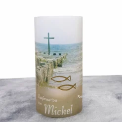 Lichthülle Konfirmation, Kommunion oder Firmung - Kreuz im Meer - mit individuellem Spruch