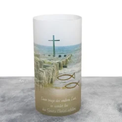 Lichthülle Konfirmation, Kommunion oder Firmung - Kreuz im Meer - mit individuellem Spruch