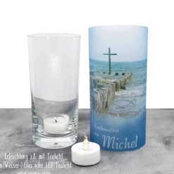 Lichthülle Konfirmation, Kommunion oder Firmung - Kreuz im Meer - mit individuellem Spruch