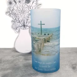 Lichthülle Konfirmation, Kommunion oder Firmung - Kreuz im Meer - mit individuellem Spruch