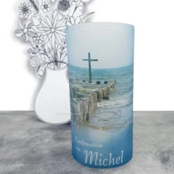 Lichthülle Konfirmation, Kommunion oder Firmung - Kreuz im Meer - mit individuellem Spruch