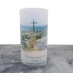 Lichthülle Konfirmation, Kommunion oder Firmung - Kreuz im Meer - mit individuellem Spruch