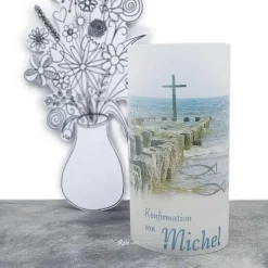 Lichthülle Konfirmation, Kommunion oder Firmung - Kreuz im Meer - mit individuellem Spruch