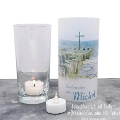 Lichthülle Konfirmation, Kommunion oder Firmung - Kreuz im Meer - mit individuellem Spruch