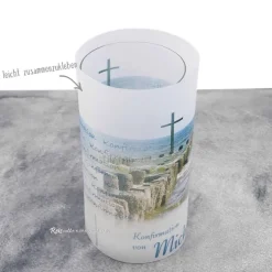 Lichthülle Konfirmation, Kommunion oder Firmung - Kreuz im Meer - mit individuellem Spruch