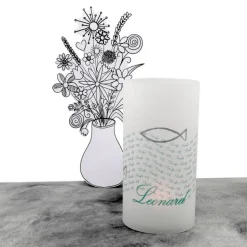 Lichthülle Taufe mit silberfarbenen Fischen – Taufdeko aus Transparentpapier