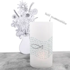 Lichthülle Taufe mit silberfarbenen Fischen – Taufdeko aus Transparentpapier