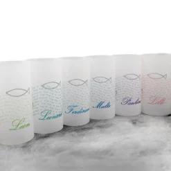 Lichthülle Taufe mit silberfarbenen Fischen – Taufdeko aus Transparentpapier