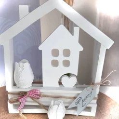 Lichthäuser 4-teilig im Geschenk Set mit Rosen | weiße Raysin Deko Häuser | Shabby | Geschenkidee | Scandi style