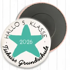 Magnet Tschüss Grundschule 2026 – Hallo 5. Klasse | Stern-Design | 38mm & 59mm | Geschenk Schulwechsel