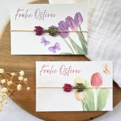 Makramee Tulpen Armband „Frohe Ostern“ – Freundschaftsarmband – Ostergeschenk in Wunschfarbe & Schmuckkarte