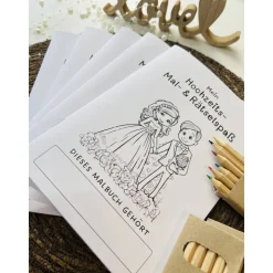 Malbuch Nr. 2 | 5er Set mit Buntstiften | Malbuch Hochzeit für Kinder | Mal - & Aktivitätenbuch | Rätselspaß für Kin