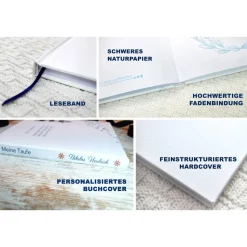 maritimes Gästebuch & Album zur Taufe mit Anker & Sprenkeln in Marineblau & Kupfer; blanko oder mit Fragen