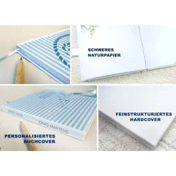 maritimes Gästebuch & Album zur Taufe mit Anker & Tau in Hellblau; personalisiert mit Name; blanko oder mit Fragen blau