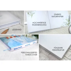 maritimes Gästebuch & Album zur Taufe mit Segelboot in Tot & Blau auf dem Meer; blanko o. Fragen