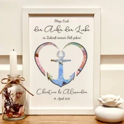 Maritimes Hochzeitsgeschenk personalisiert im Bilderrahmen – Geldgeschenk mit Anker der Liebe