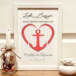 Maritimes Hochzeitsgeschenk personalisiert im Bilderrahmen – Geldgeschenk mit Anker der Liebe