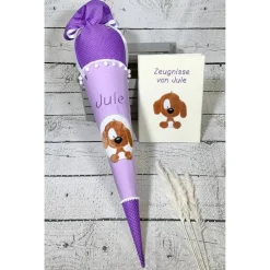 Mädchen Schultüte 70 cm mit flauschigem Hund Fridolin aus Stoff und Wimpelkette