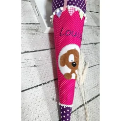 Mädchen Schultüte 70 cm mit flauschigem Hund Fridolin aus Stoff und Wimpelkette