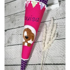 Mädchen Schultüte 70 cm mit flauschigem Hund Fridolin aus Stoff und Wimpelkette