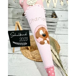 Mädchen Schultüte mit flauschigem Hund Fridolin aus Stoff 70 cm