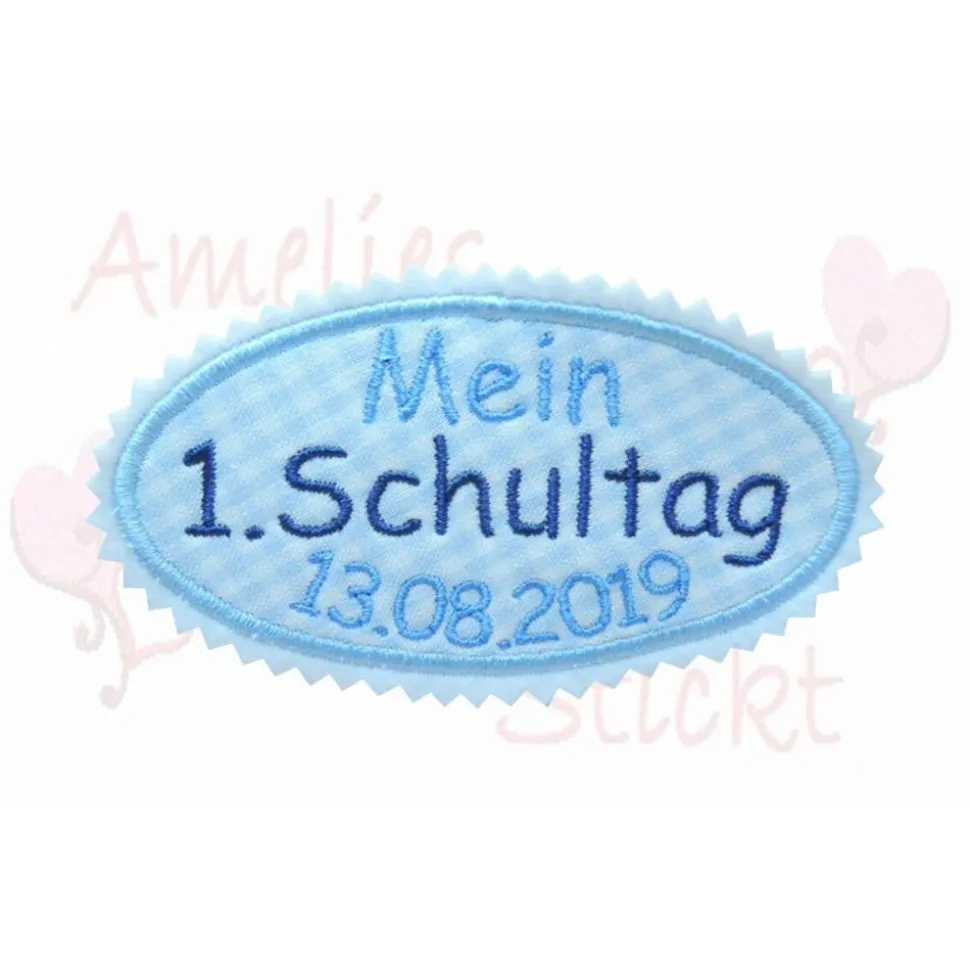 Mein 1. Schultag  Applikation Aufnäher in blau einschulung erster schultag erste klasse bügelbild schultüte basteln nähe